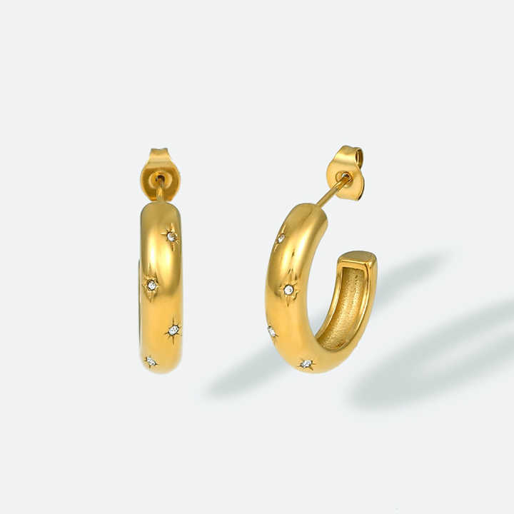 Trendy Jewelry Wholesale Exquisite Stainless Steel 18K Gold Plated Star Zircon C Shaped Hoop Earrings for Women