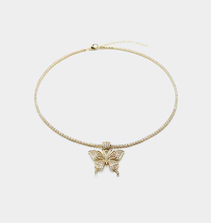 Fashion Jewelry Luxury 18K Gold Plated Cubic Zircon Butterfly Pendant Tennis Chain Necklace for Women