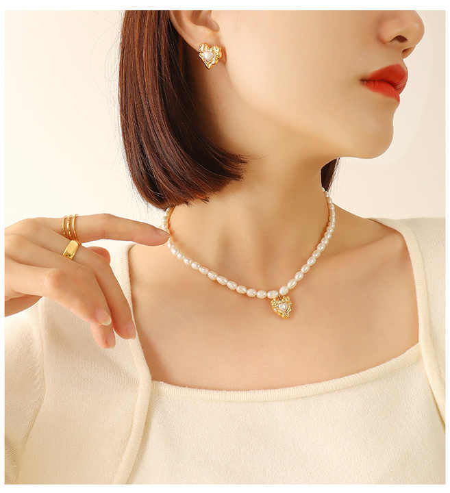 Fashion Jewelry 18K Gold Plated Stainless Steel Tarnish Free Heart Shape Earrings Pendant Pearl Necklace Jewelry Set