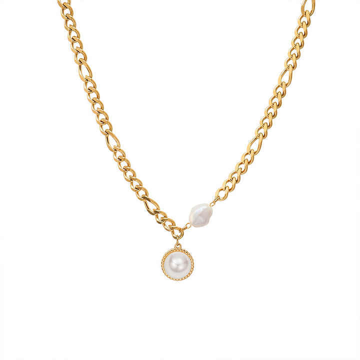 Fashion Elegant 18K Gold Plated Link Chain Pearl Choker Necklace Stainless Steel Jewelry for Women