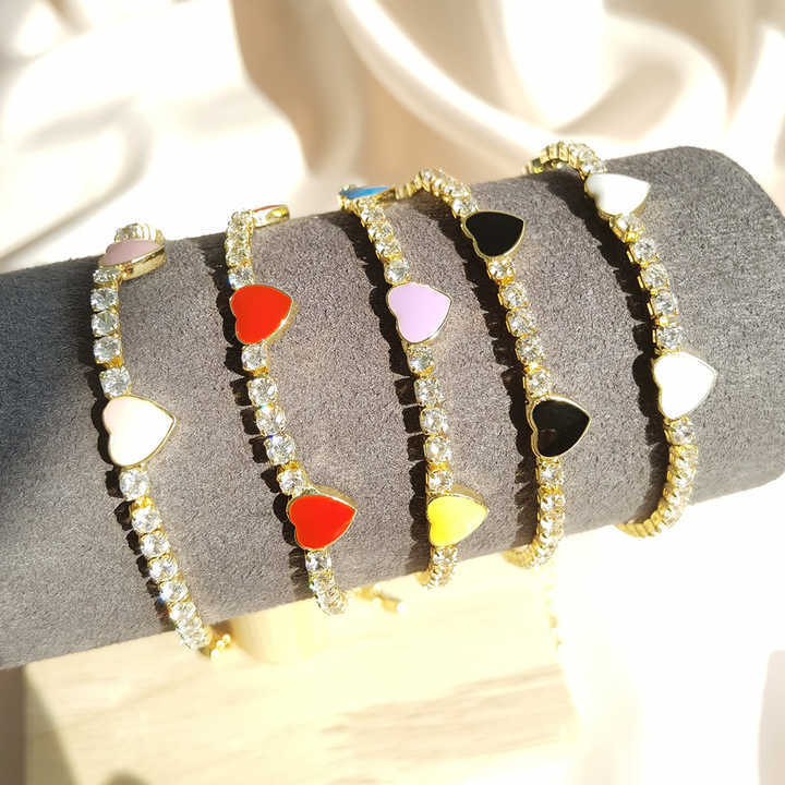 IVIAPRO Jewelry Brass 18K Gold Plated Zircon Tennis Chain Colorful Oil Drip Heart Bracelets