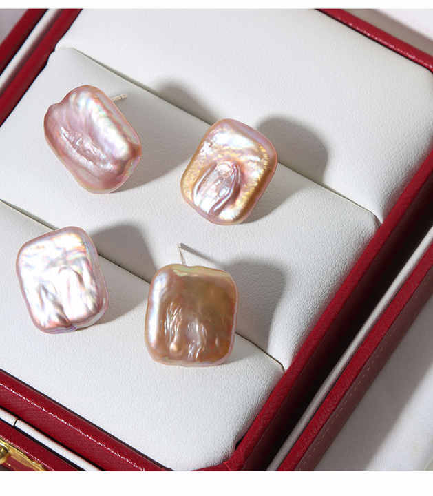 New Arrival Trendy 18k Gold Plated Square Shaped Natural Freshwater Baroque Pearl Stud Earrings