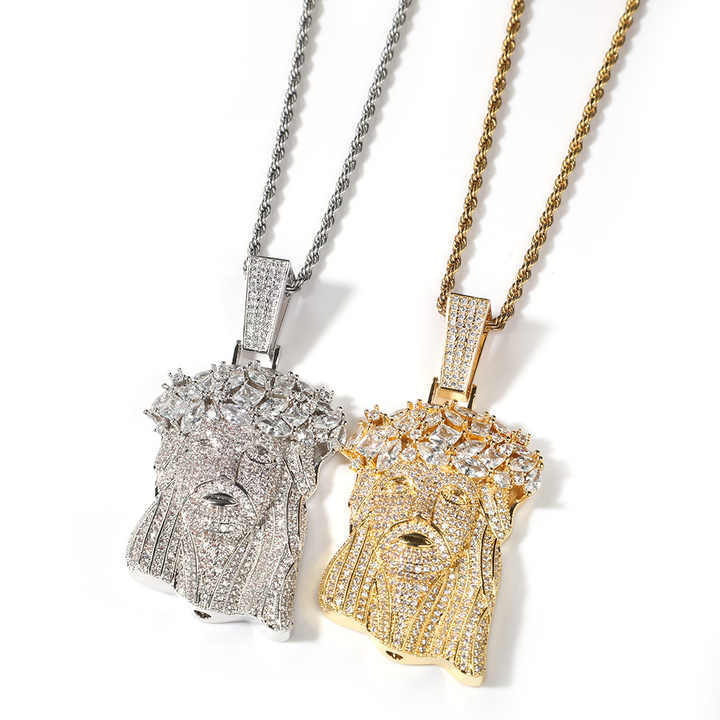 Iced Out Hip Hop Jewelry Big Size 18K Gold Plated Brass AAAAA CZ Diamond Jesus Pendant Necklace With  Rope Cain for Men