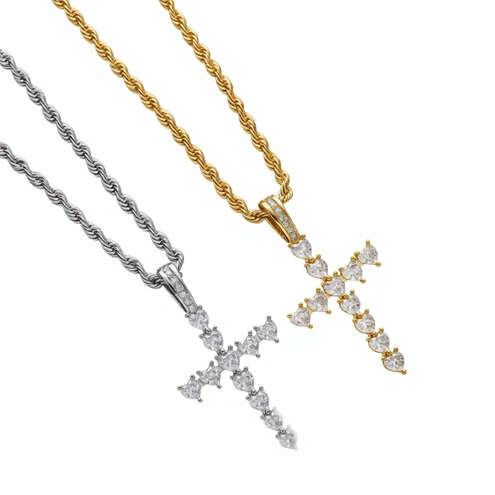 IVIAPRO Jewelry Religious Stainless Steel Rope Chain Shining Heart CZ Cross Pendant Necklace Hiphop Jewelry for Women and Men