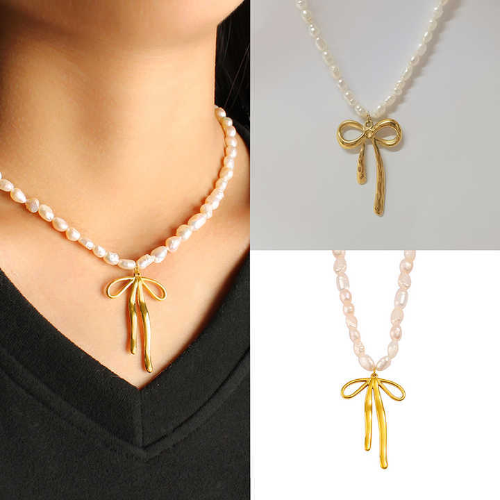 INS Hot Selling Sweet Butterfly Pendant Necklace Non-tarnish Stainless Steel Bowknot Freshwater Pearl Beaded Choker Necklaces