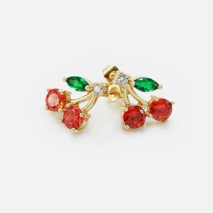 IVIAPRO Fashion Jewelry Sweet Fruit Earring 18K Gold Plated Cute Cubic Zircon Cherry Stud Earrings for Girls