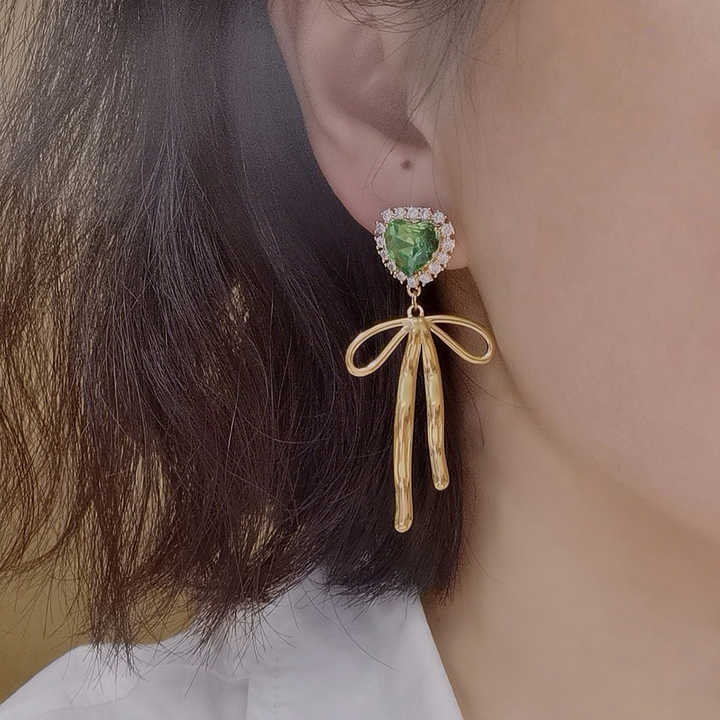 Fashion Jewelry Elegant Earring 18K Gold Plated Sweet Green and Yellow Zircon Heart Bow Knot Pendant Drop Earrings for Girls