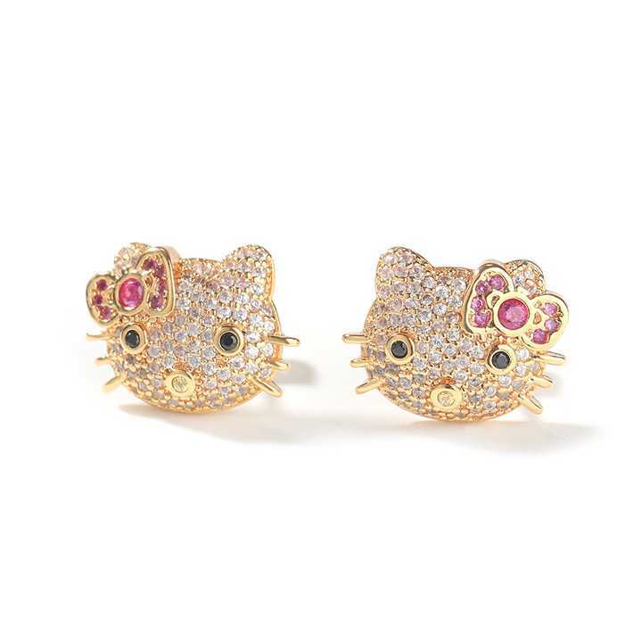 New Gold Plated Iced Out Cat Earring Cute Cartoon Animal Jewelry Sweet CZ Little Kitty Stud Earrings for Girls