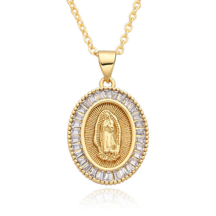 IVIAPRO Fashion Religion Jewelry 18K Gold Plated Cubic Zircon Virgin Mary Pendant Necklace for Women and Men