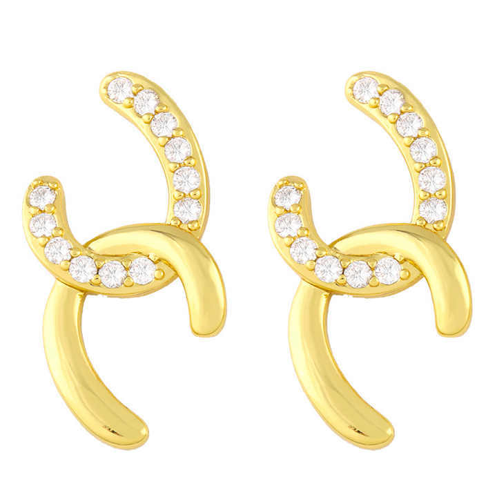 IVIAPRO Fashion Jewelry Wholesale 18K Gold Plated Double C Shaped CZ Stud Earrings for Women