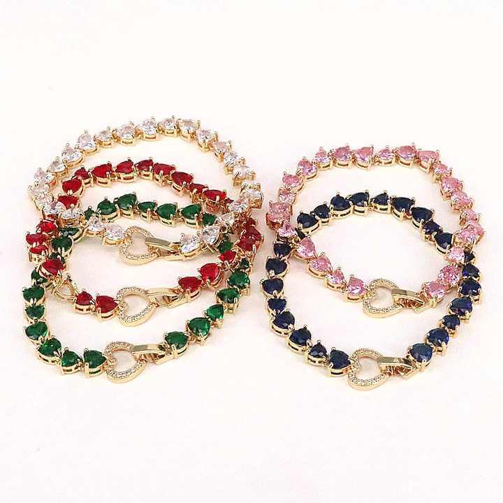 Fashion Jewelry 18K Gold Plated Multi Color Heart CZ Bracelets Tennis Chain Heart Cubic Zircon Bracelets for Women