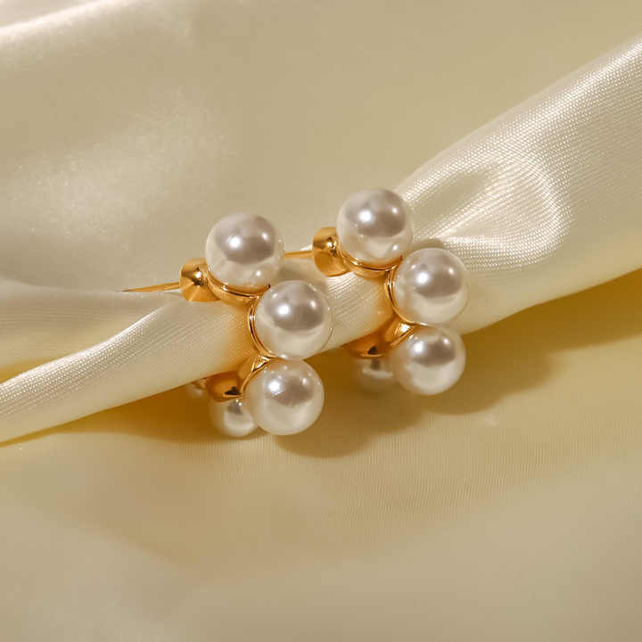 IVIAPRO Trendy 18K Gold Plated Shell Pearl C-Shape Hoop Earrings for Women Stainless Steel Jewelry