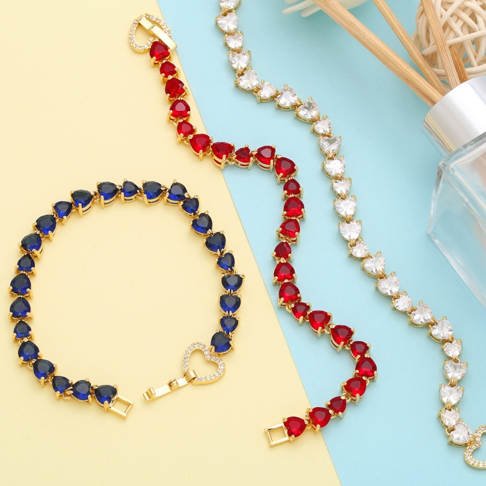 Fashion Jewelry 18K Gold Plated Multi Color Heart CZ Bracelets Tennis Chain Heart Cubic Zircon Bracelets for Women