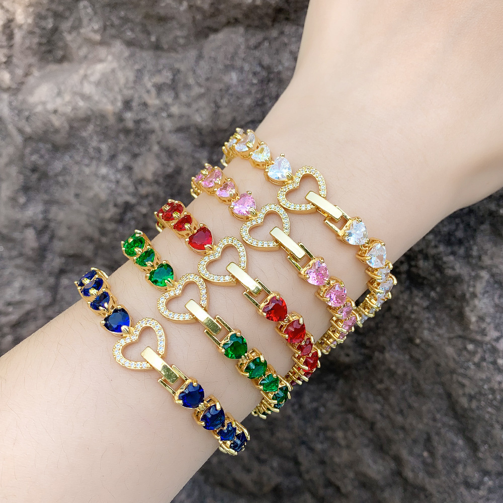 Fashion Jewelry 18K Gold Plated Multi Color Heart CZ Bracelets Tennis Chain Heart Cubic Zircon Bracelets for Women