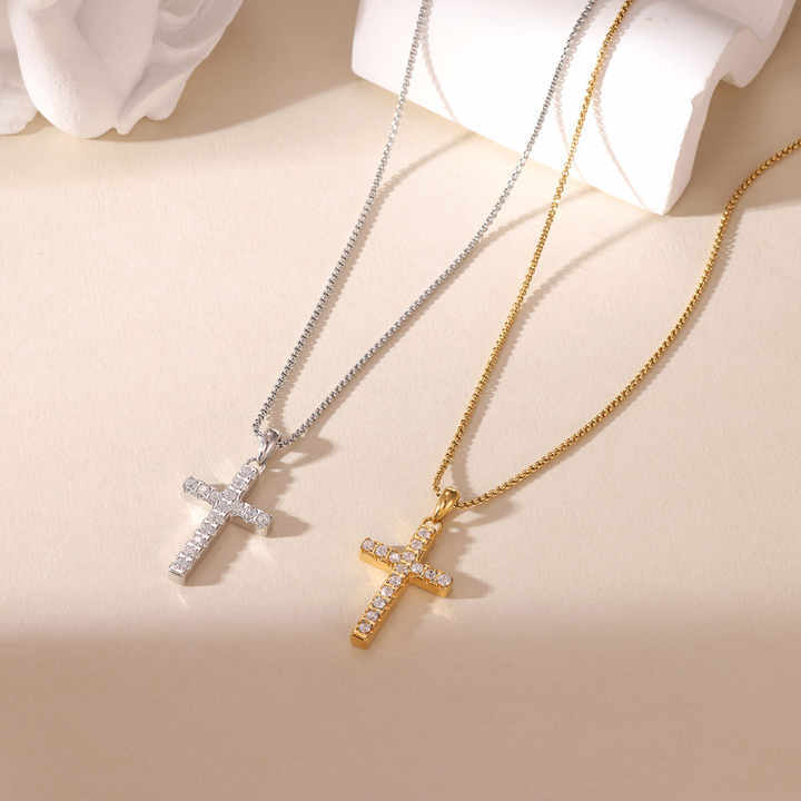 Hot Sale Stainless Steel Jewelry Wholesale Tarnish Free 18K Gold Plated Hiphop Cubic Zircon Cross Pendant Necklace for Women Men