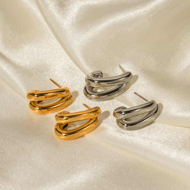New Arrival Trendy 18K Gold Plated Stainless Steel Chic Double Rows Hoop Earrings for Women