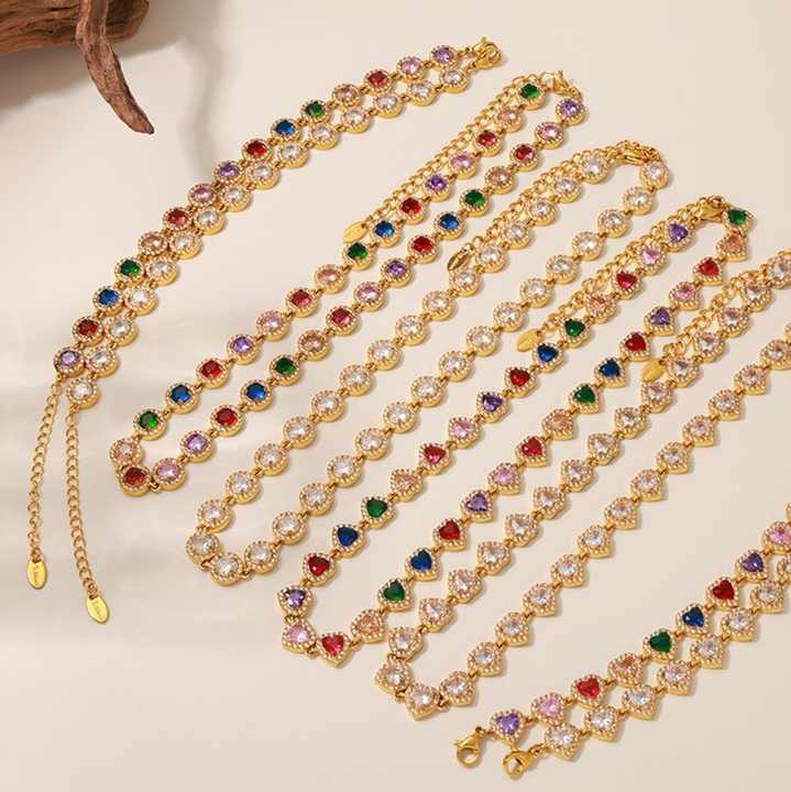 IVIAPRO Elegant Shining Heart CZ Colorful Cubic Zircon Tennis Chain Bracelets Necklaces Stainless Steel Tarnish Free Jewelry