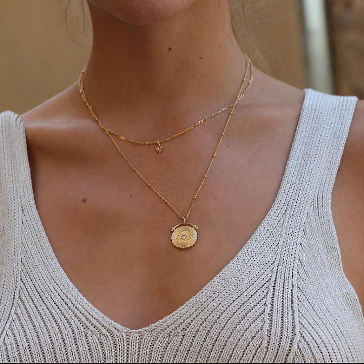 Trendy 18K PVD Gold Plated Stainless Steel Jewelry Elegant Tarnish Free Two Layers Coin Pendant Necklace for Women