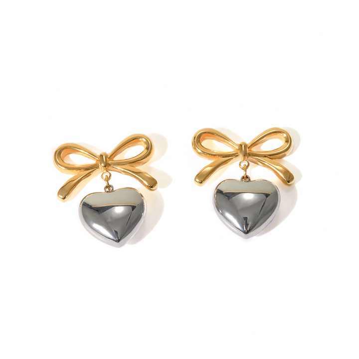 Fashion Jewelry 18K Gold Plated Tarnish Free & Water Resistant Stainless Steel Jewelry Cute Bow Heart Stud Earrings for Girls