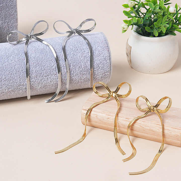Hot 18K Gold Plated Tarnish Free Stainless Steel Snake Chain Drop Earring Long Butterfly Knot Bow Tassel Earrings for Girls
