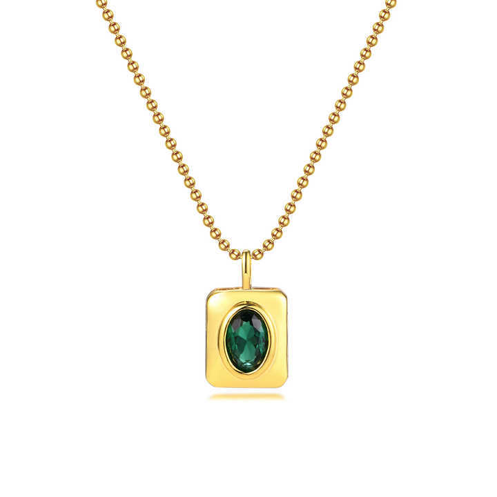 Trendy 18K Gold Plated Stainless Steel Tiny Green Stone Square Pendant Necklace for Women
