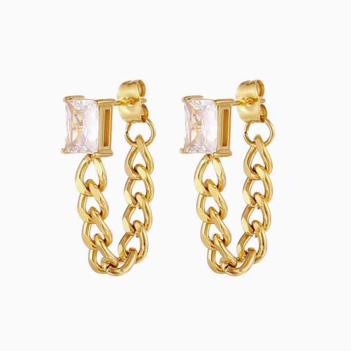 New Trendy High End Gold Plated Jewelry Rectangle Zircon Link Chain Tassel Drop Earring Stainless Steel Earrings