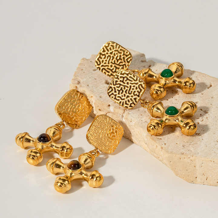 Trendy Hot Sale 18K Gold Plated Tiger Eye Stone Green Agate Cross Pendant Drop Earrings Stainless Steel Stud Earrings