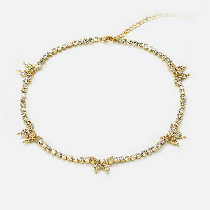 Fashion Jewelry Hot Selling 18K Gold Plated Tennis Chain Butterfly Choker Necklace for Women
