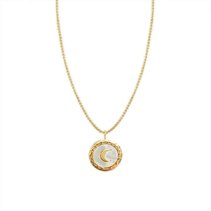 Fashion Jewelry 18K Gold Plated Water Resistant Stainless Steel Round Shell Gold Moon Pendant Necklace for Women