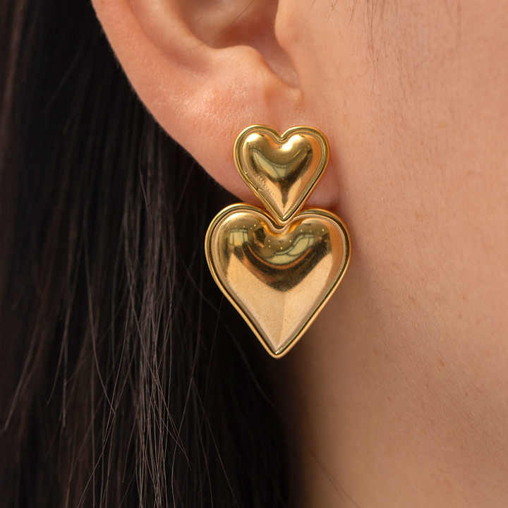 New Arrival Trendy Jewelry Minimalist Style Stainless Steel 18K Gold Plated Double Hearts Earrings for Women