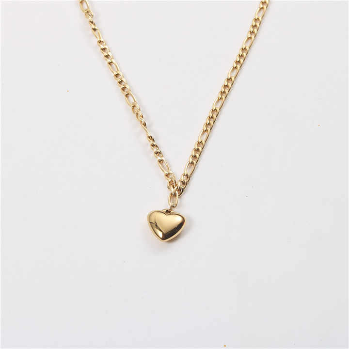 Trendy Minimalist Style Gold Plated Heart Pendant Figaro Chain Stainless Steel Necklace