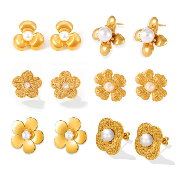 IVIAPRO Jewelry New Arrival Elegant 18K PVD Gold Plated Stainless Steel Flower Pearl Stud Earrings for Women