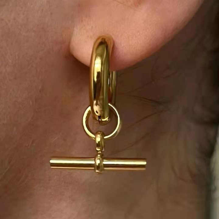 IVIAPRO Fashion Jewelry Stainless Steel 18K Gold Plated Tarnish Free Small Stick Pendant Hoop Buckle Earrings