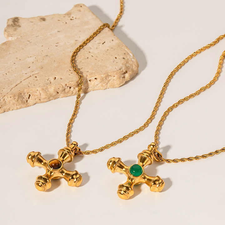 Hot Sale Waterproof 18K Gold Plated Tiger Eye Stone Green Agate Cross Pendant Necklace Stainless Steel Hiphop Jewelry Wholesale