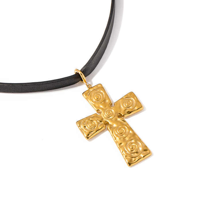 Trendy Stainless Steel 18K Gold Plated Leather Rope Personalized Spiral Texture Cross Pendant  Choker Necklace
