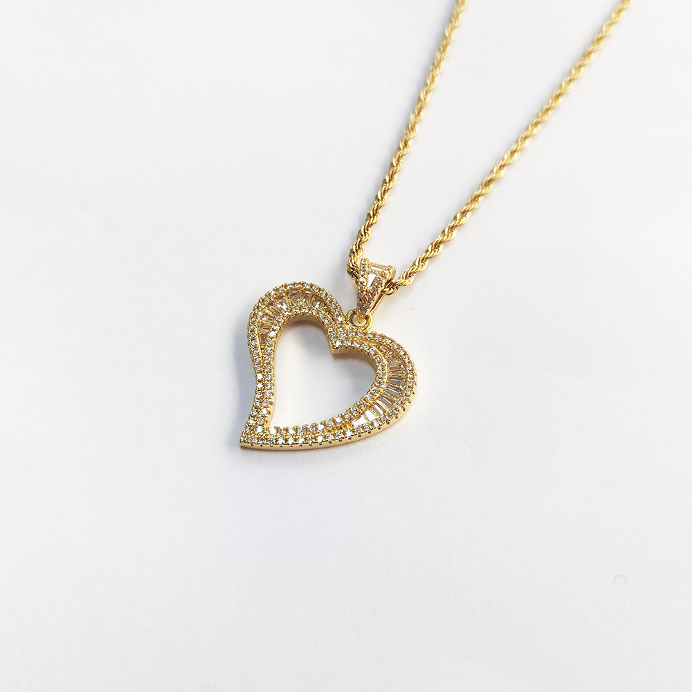Fashion Jewelry Wholesale 18K Gold Plated Stainless Steel Rope Chain Brass With CZ Hollow Heart Pendant Necklace for Women