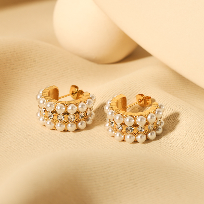 IVIAPRO Trendy French Style Elegant 18K Gold Plated Waterproof Jewelry Stainless Steel Pearl CZ C-shaped Hoop Earrings for Women