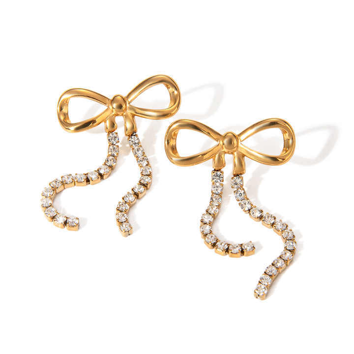 Fashion Stainless Steel 18K Gold Plated Earrings for Women Sweet CZ Bow Knot Earrings for Party