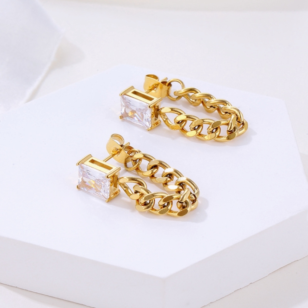 New Trendy High End Gold Plated Jewelry Rectangle Zircon Link Chain Tassel Drop Earring Stainless Steel Earrings