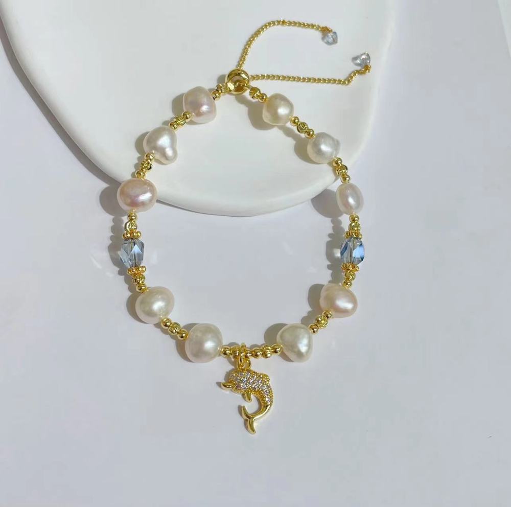 Hot Ocean Style Jewelry Freshwater Pearl Beads CZ Turtle Dolphin Crab Seahorse Pendant Natural Stone Beaded Bracelet for Women