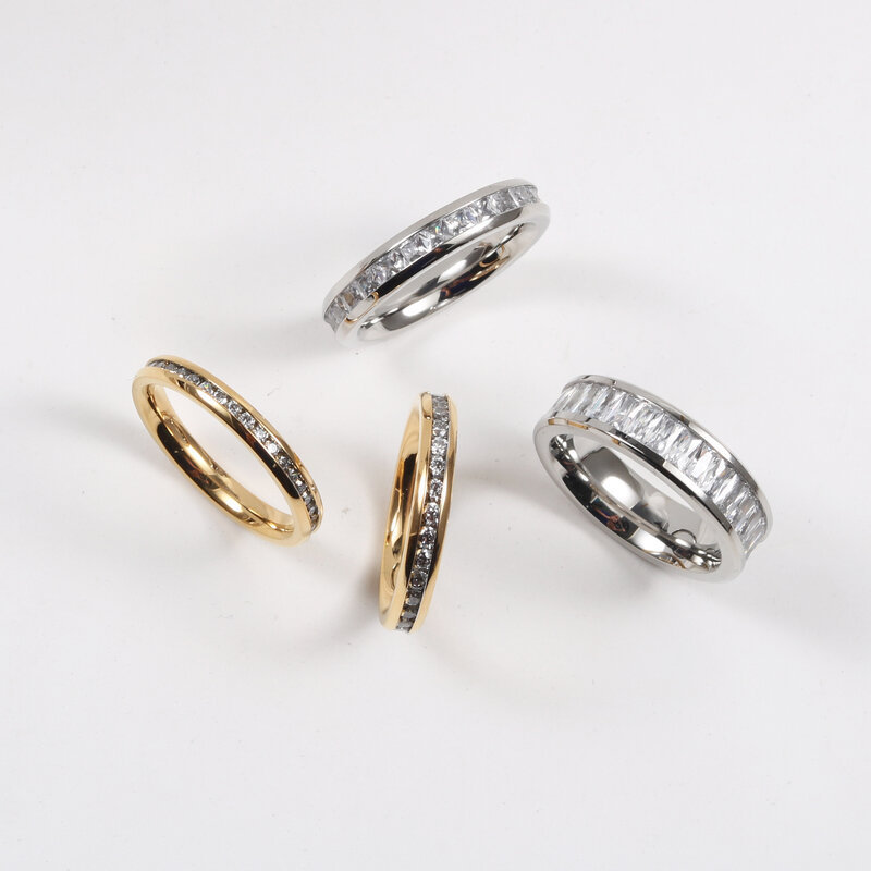 Trendy Jewelry Wholesale 18K Gold Plated Zirconia Pave Stainless Steel Rings Tarnish Free Gold Jewelry