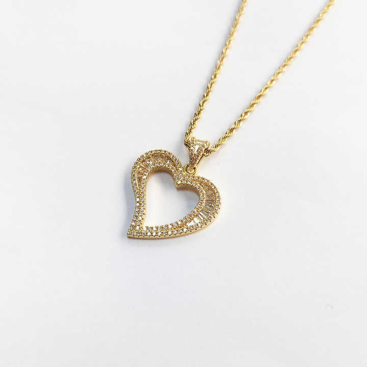 Fashion Jewelry Wholesale 18K Gold Plated Stainless Steel Rope Chain Brass With CZ Hollow Heart Pendant Necklace for Women