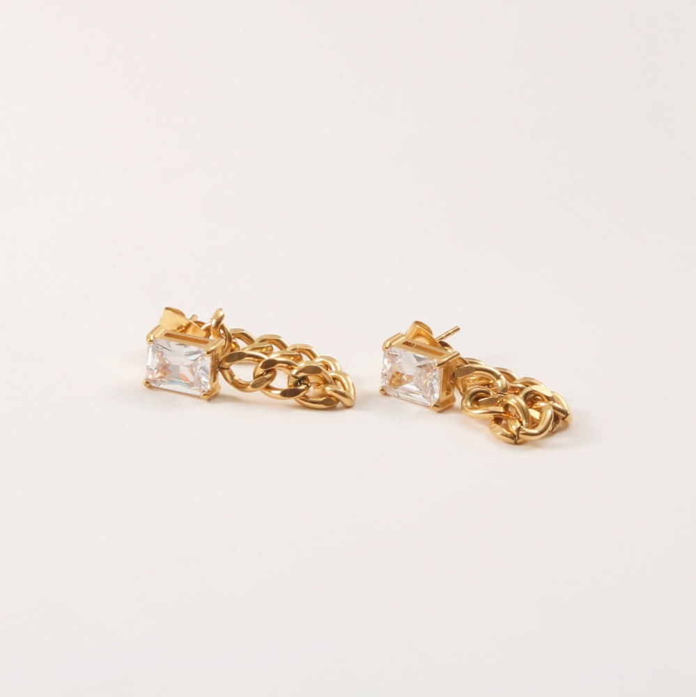 New Trendy High End Gold Plated Jewelry Rectangle Zircon Link Chain Tassel Drop Earring Stainless Steel Earrings