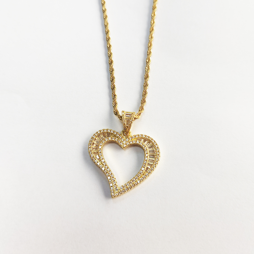 Fashion Jewelry Wholesale 18K Gold Plated Stainless Steel Rope Chain Brass With CZ Hollow Heart Pendant Necklace for Women