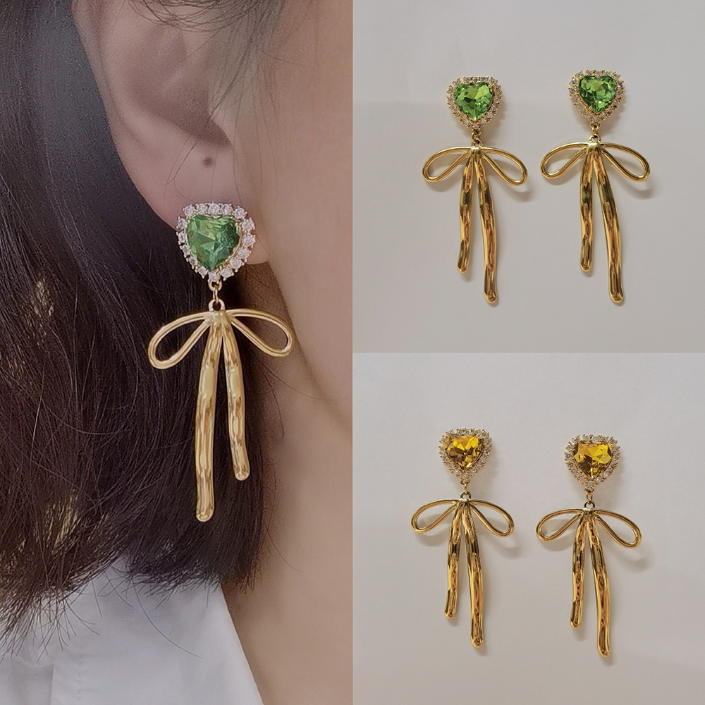 Fashion Jewelry Elegant Earring 18K Gold Plated Sweet Green and Yellow Zircon Heart Bow Knot Pendant Drop Earrings for Girls