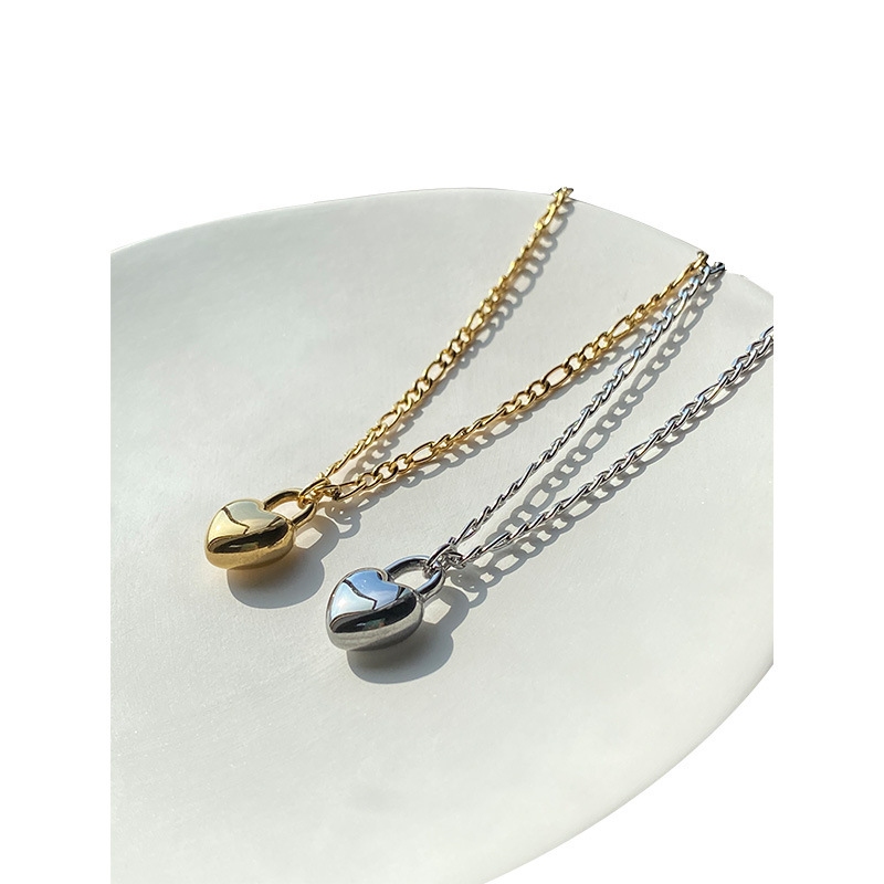 Fashion Jewelry Stainless Steel Gold Plated Figaro Chain Heart Lock Choker Necklace
