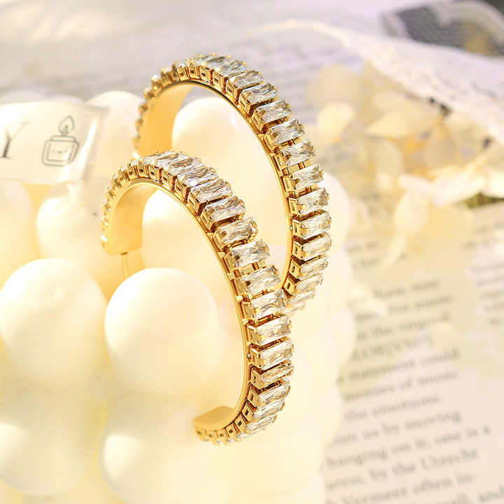 Trendy Elegant Luxury 18k Gold Plated High Quality Cubic Zircon Party Big Hoop Earrings Stainless Steel Jewelry for Women