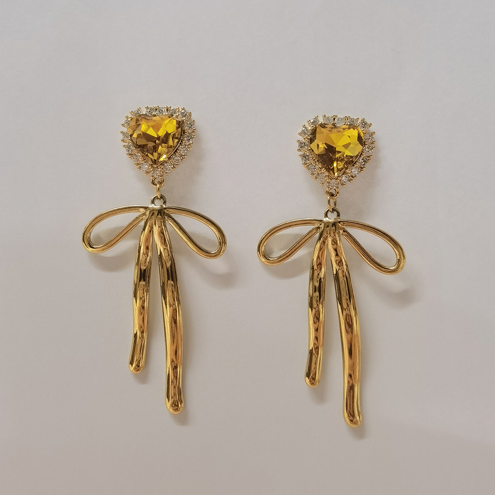 Fashion Jewelry Elegant Earring 18K Gold Plated Sweet Green and Yellow Zircon Heart Bow Knot Pendant Drop Earrings for Girls