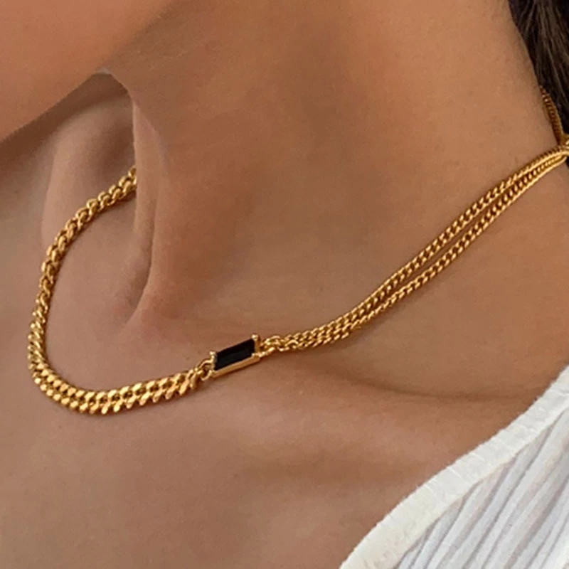 IVIAPRO New Arrival Fashion Jewelry Stainless Steel Waterproof Tarnish Free 18K Gold Plated Layered Black Stone Necklace