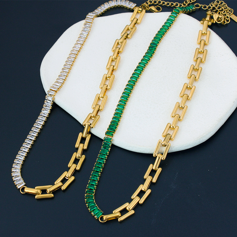IVIAPRO Jewelry Non Tarnish & Waterproof Stainless Steel 18K Gold Plated Link Chain Baguette Zircon Bracelet &Necklace